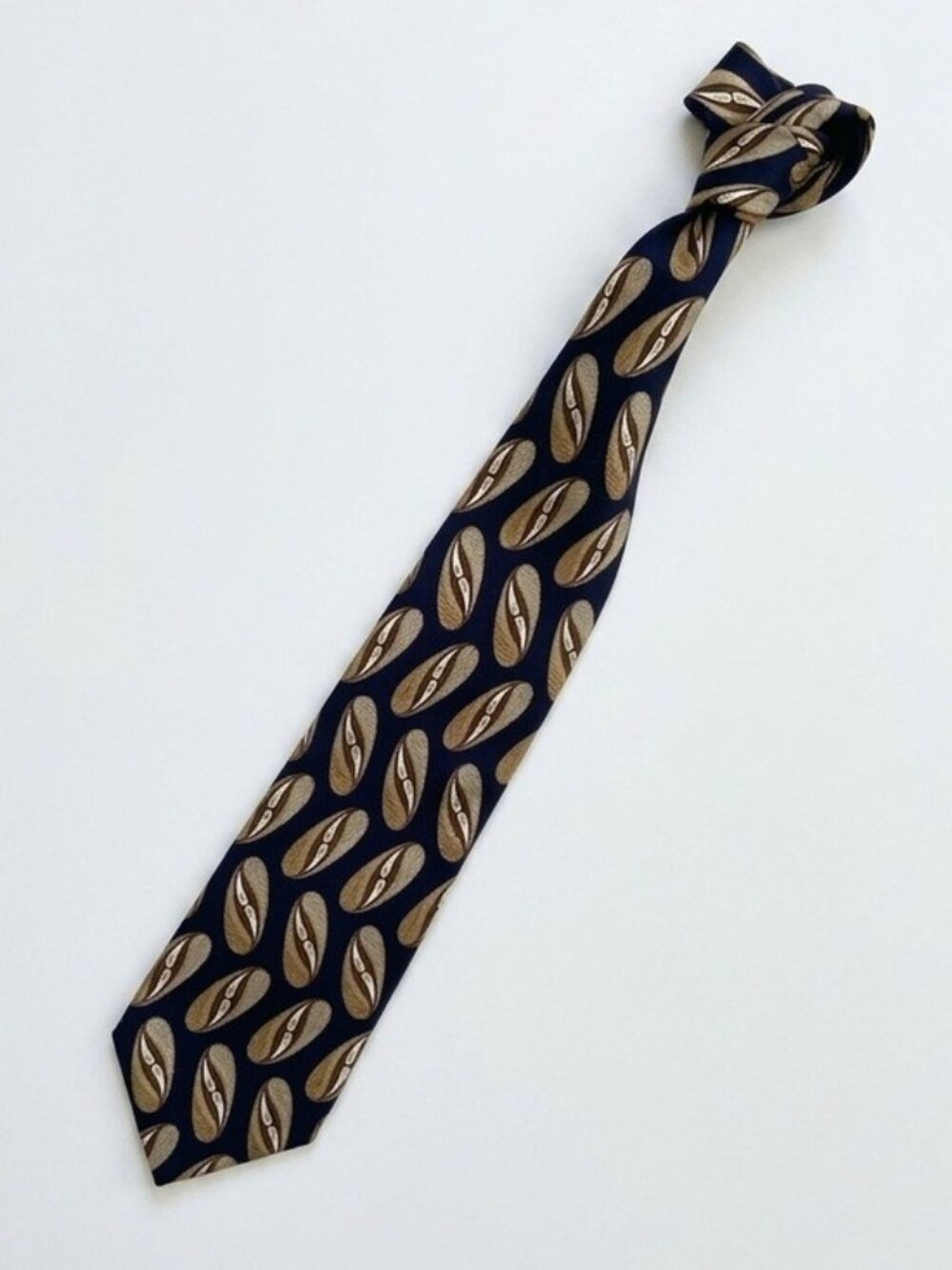 Courreges Homme Silk Necktie Navy Blue Brown Tan Geometric Oval Pattern Tie